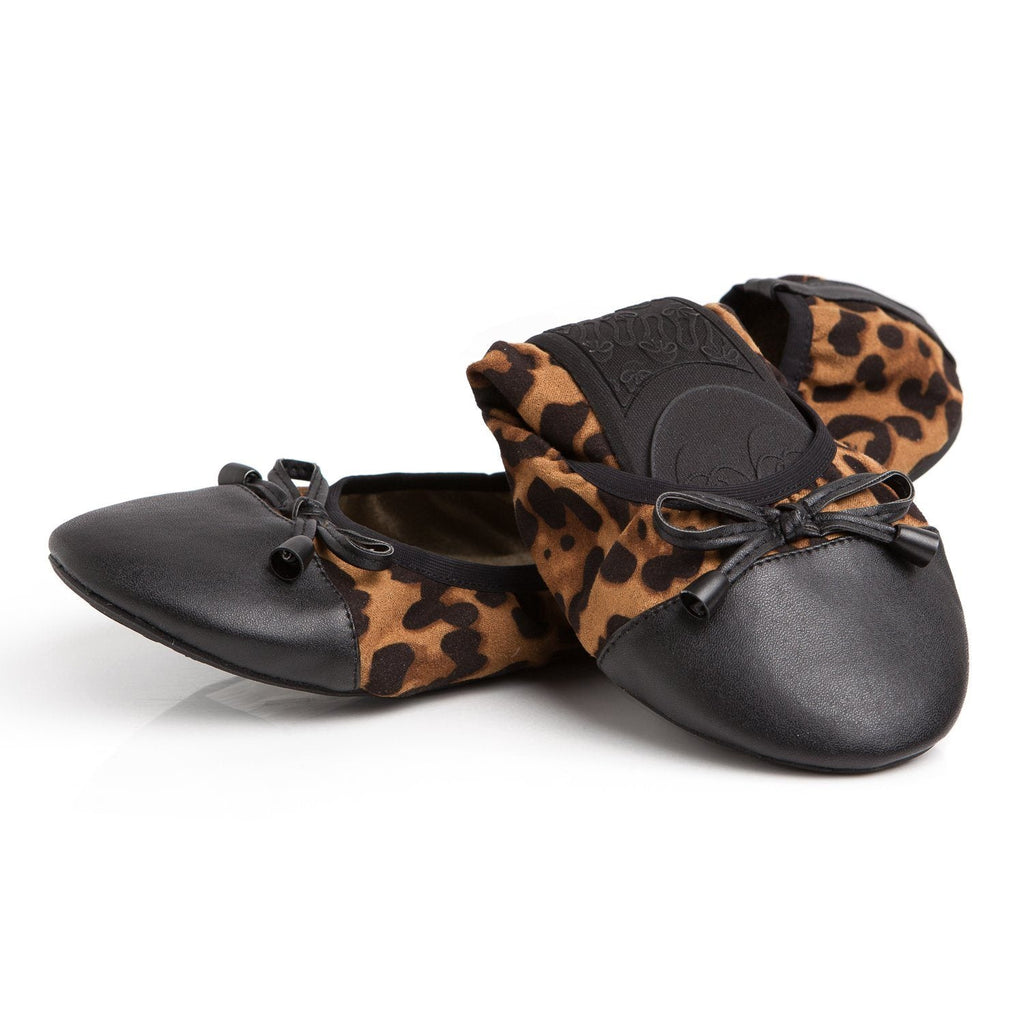 Leopard print ballet flats with black bow detail and rounded toe