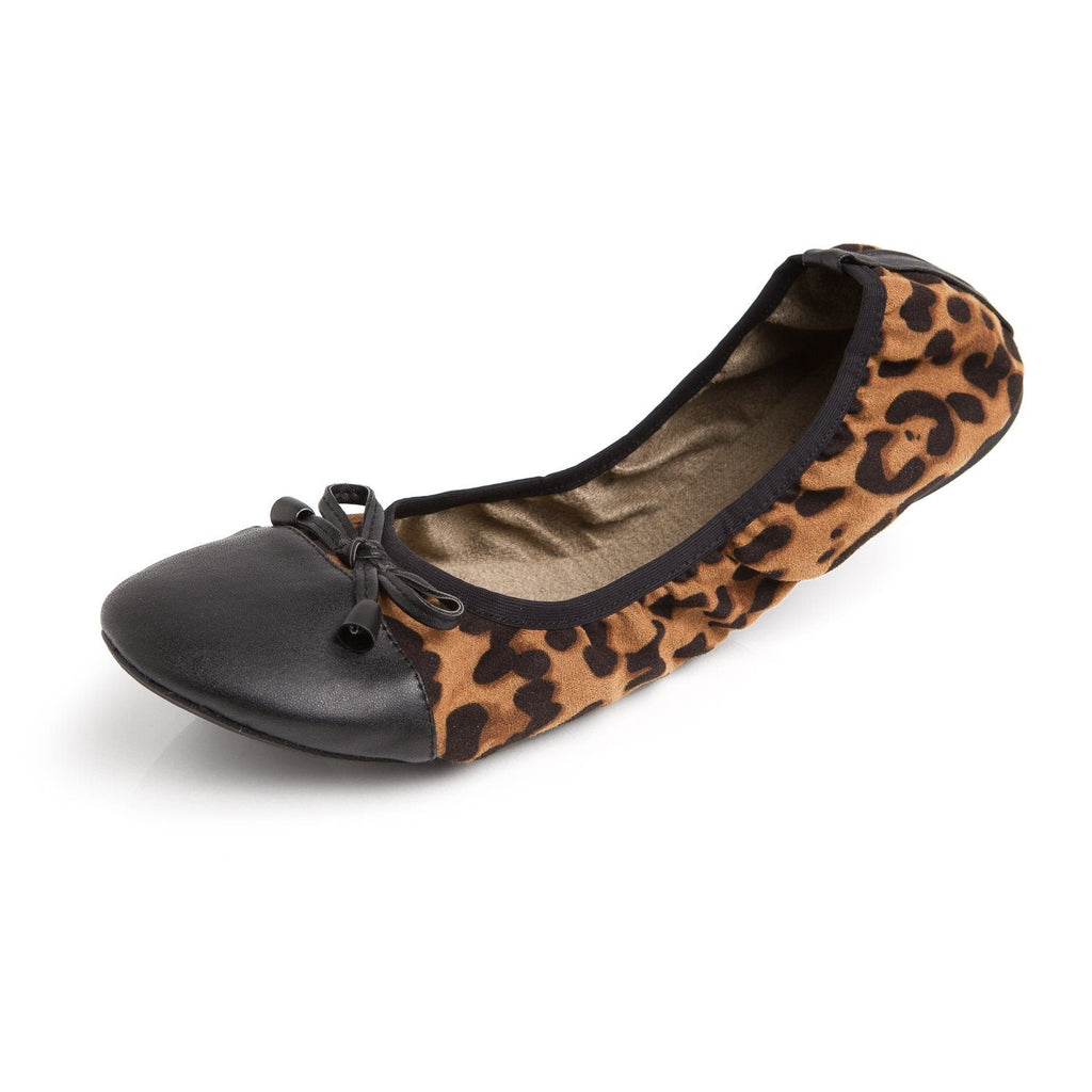 Leopard print ballet flats with black slip-on upper and lace bow