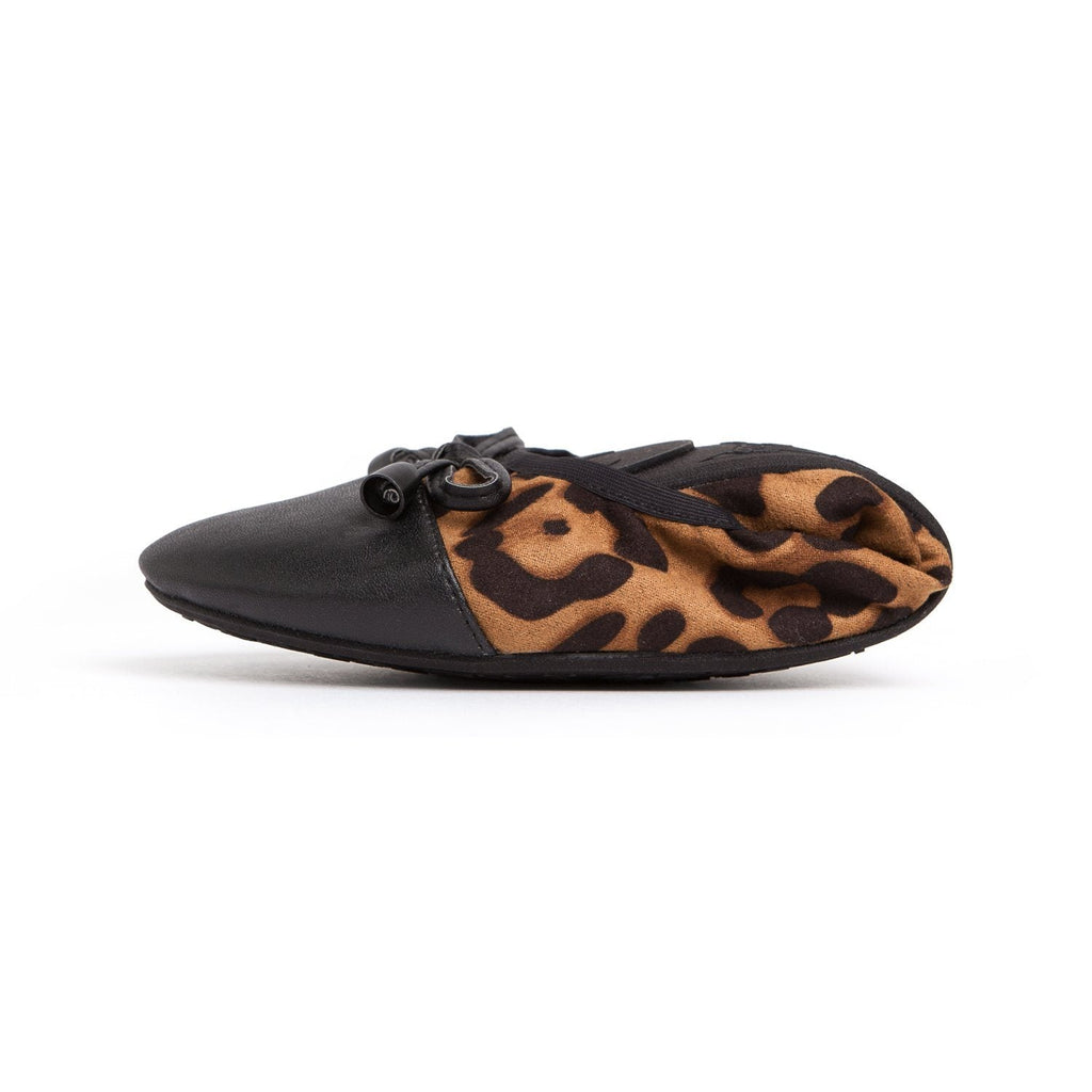 Leopard print ballet flats with black toe cap and bow lace detail