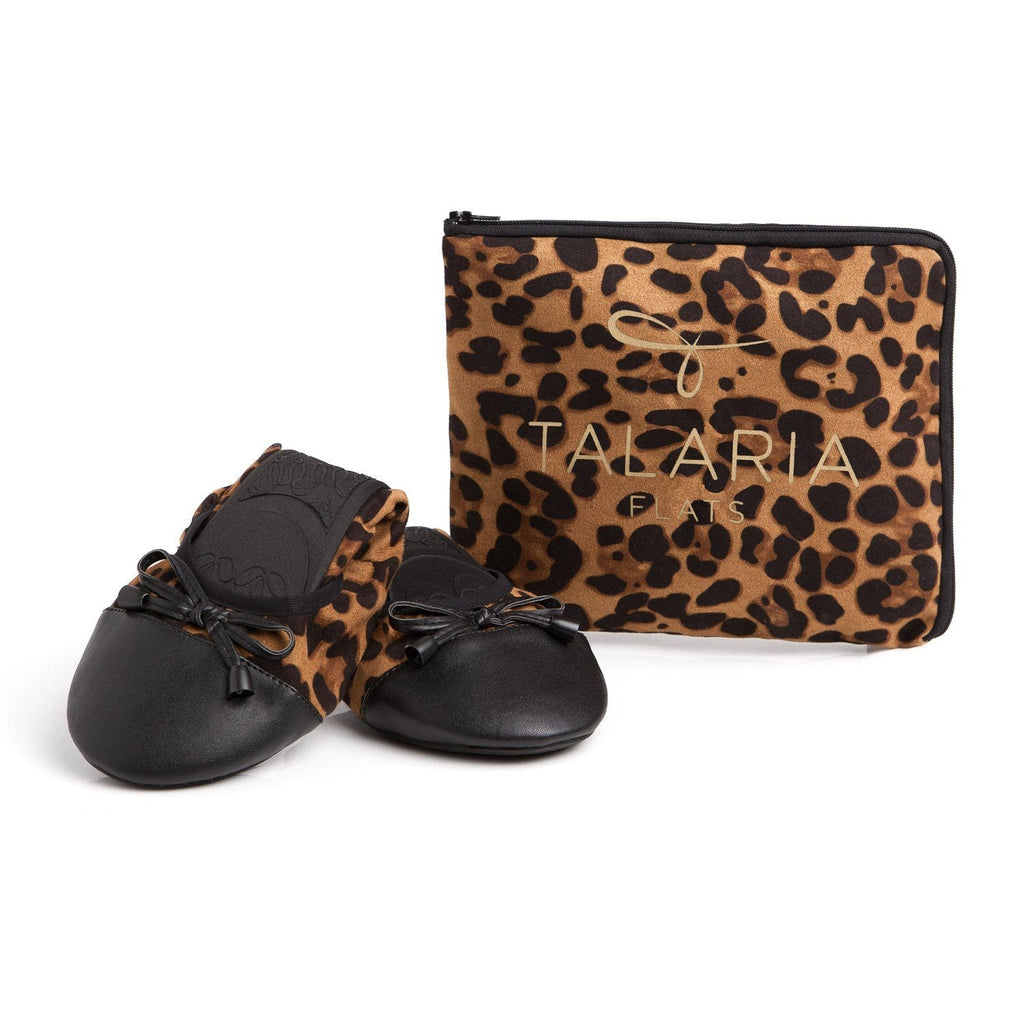 Leopard print zip pouch with small ballet flats and black bow laces