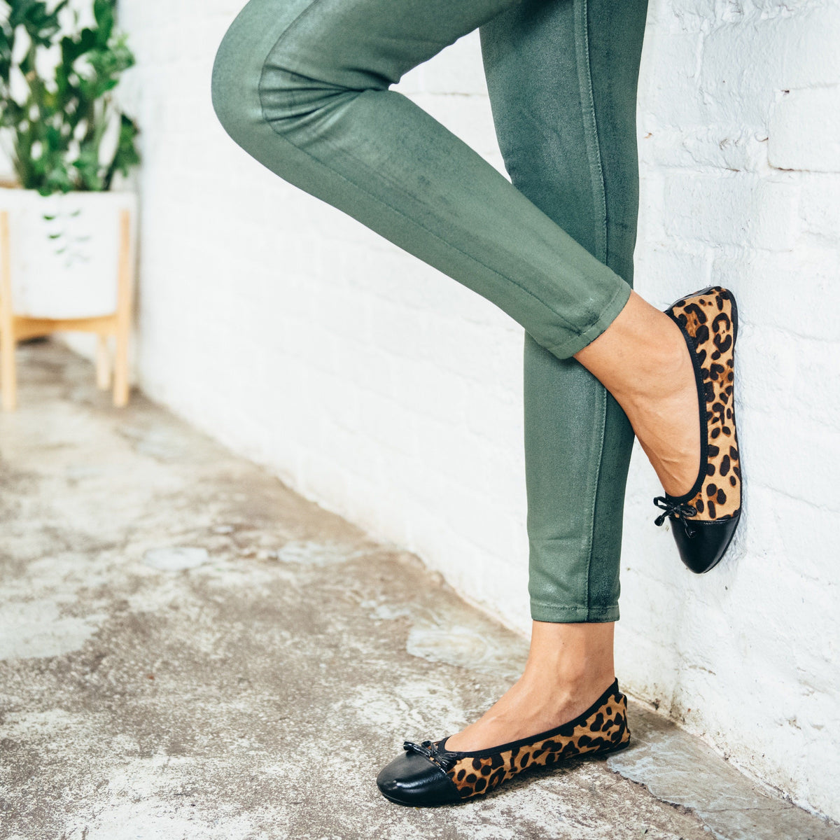Leopard print flats worn with jeans, featuring black bow laces