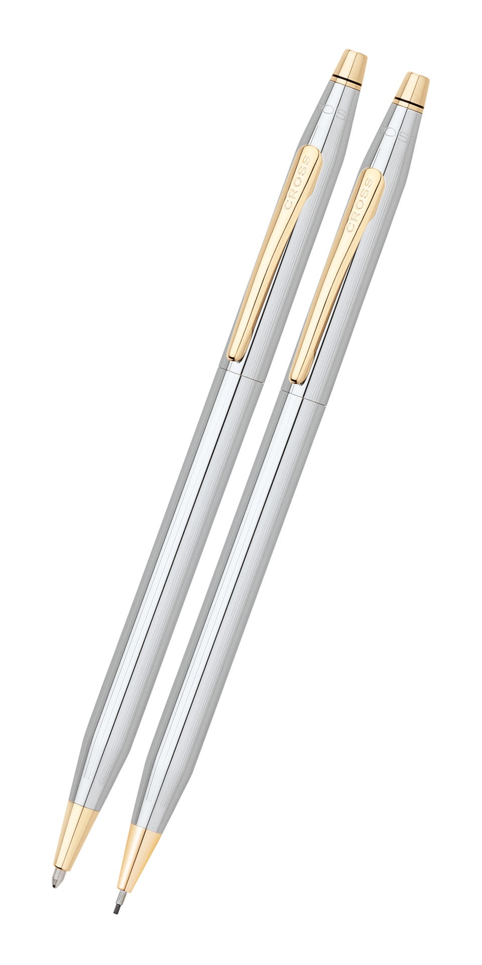 Pen and pencil set, two silver barrels with gold tips and end accents
