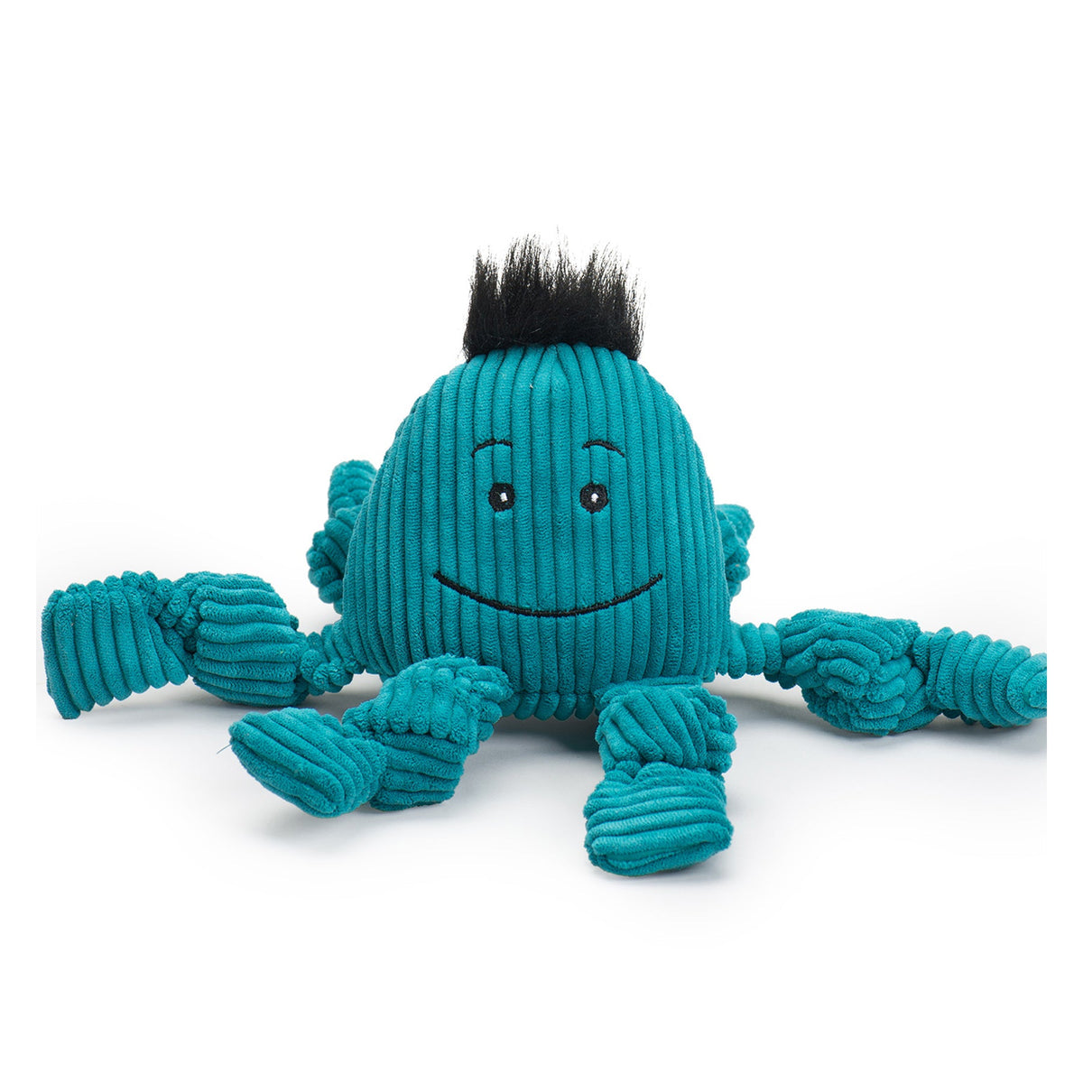 Teal plush octopus dog toy with embroidered smiley face and ribbed tentacles