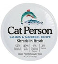 Cat Person shredded salmon & mackerel cat food cup in broth, front label
