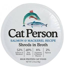 Cat Person shredded salmon & mackerel cat food cup in broth, front label