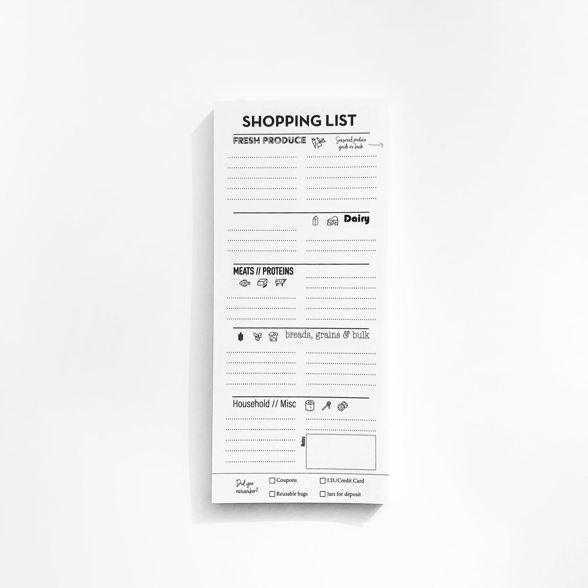 Shopping list sheet with produce, meats, dairy sections and checkboxes