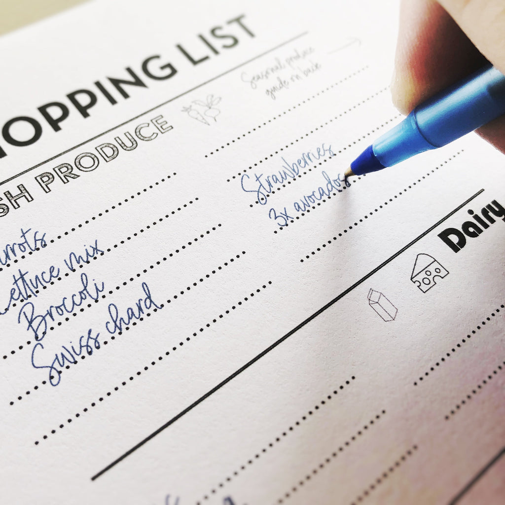 Close-up of shopping list with handwritten notes on ruled lines and a dairy section