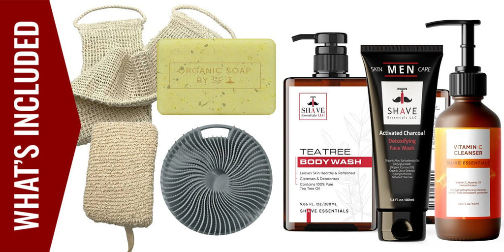 Shower essentials bundle with loofah, soap bar, body wash, face cleanser, and lotion