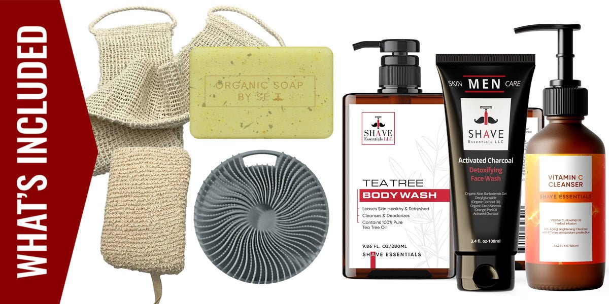 Shower essentials bundle with loofah, soap bar, body wash, face cleanser, and lotion