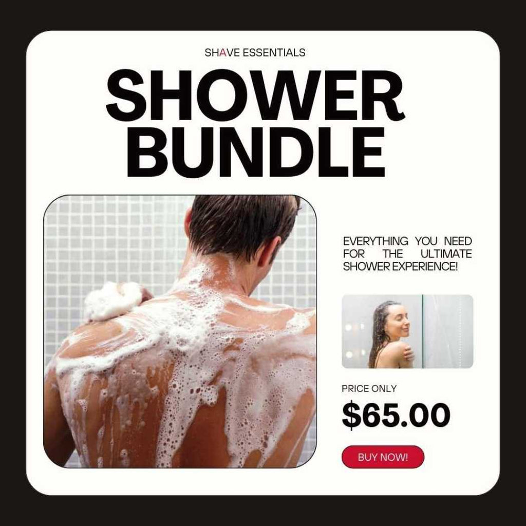 Shower essentials bundle gift box packaging with shower photo and bold lettering