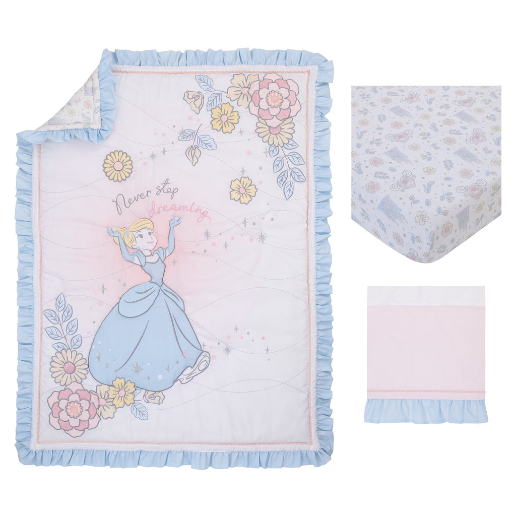 3-piece crib bedding set featuring princess comforter, fitted sheet, and ruffled skirt