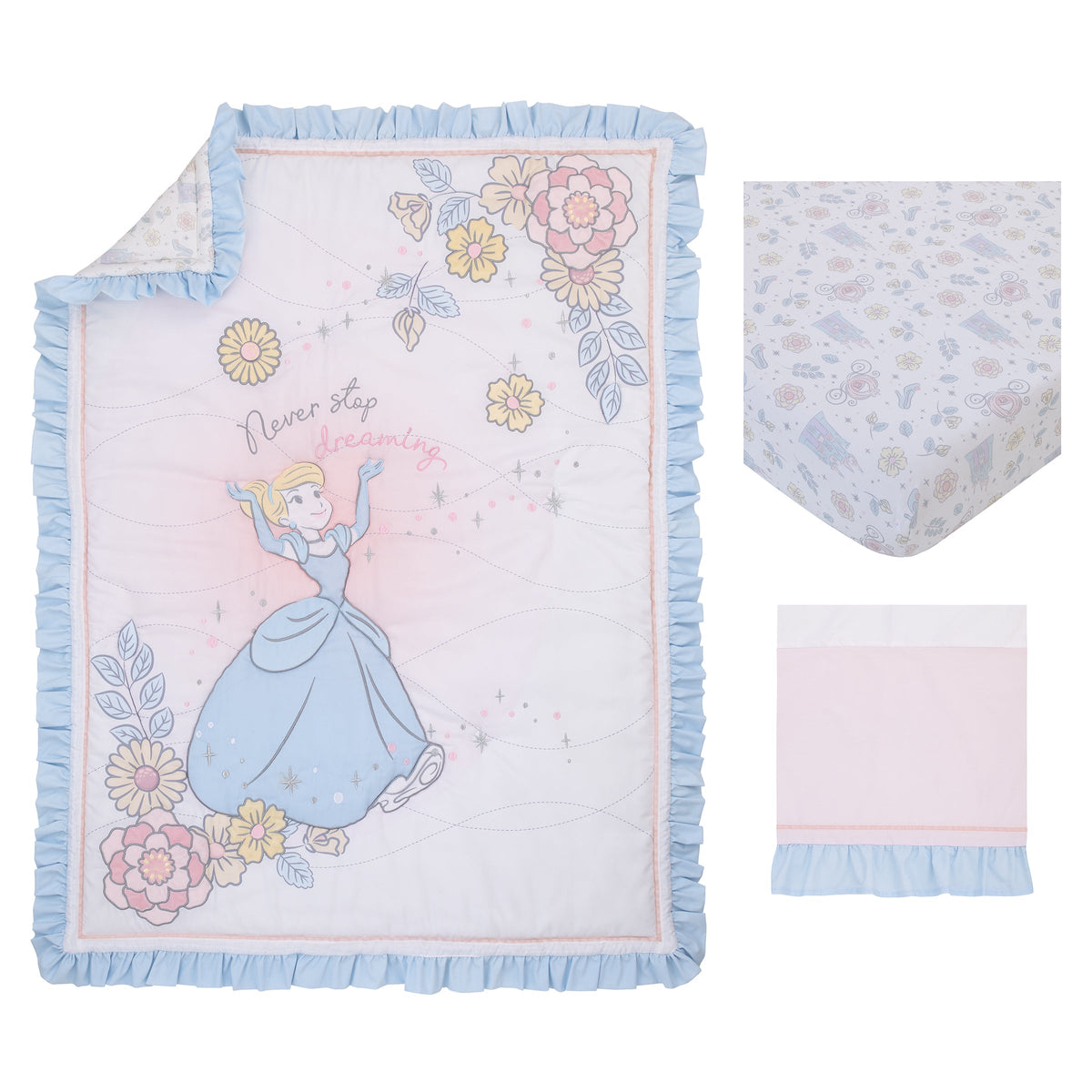 3-piece crib bedding set featuring princess comforter, fitted sheet, and ruffled skirt
