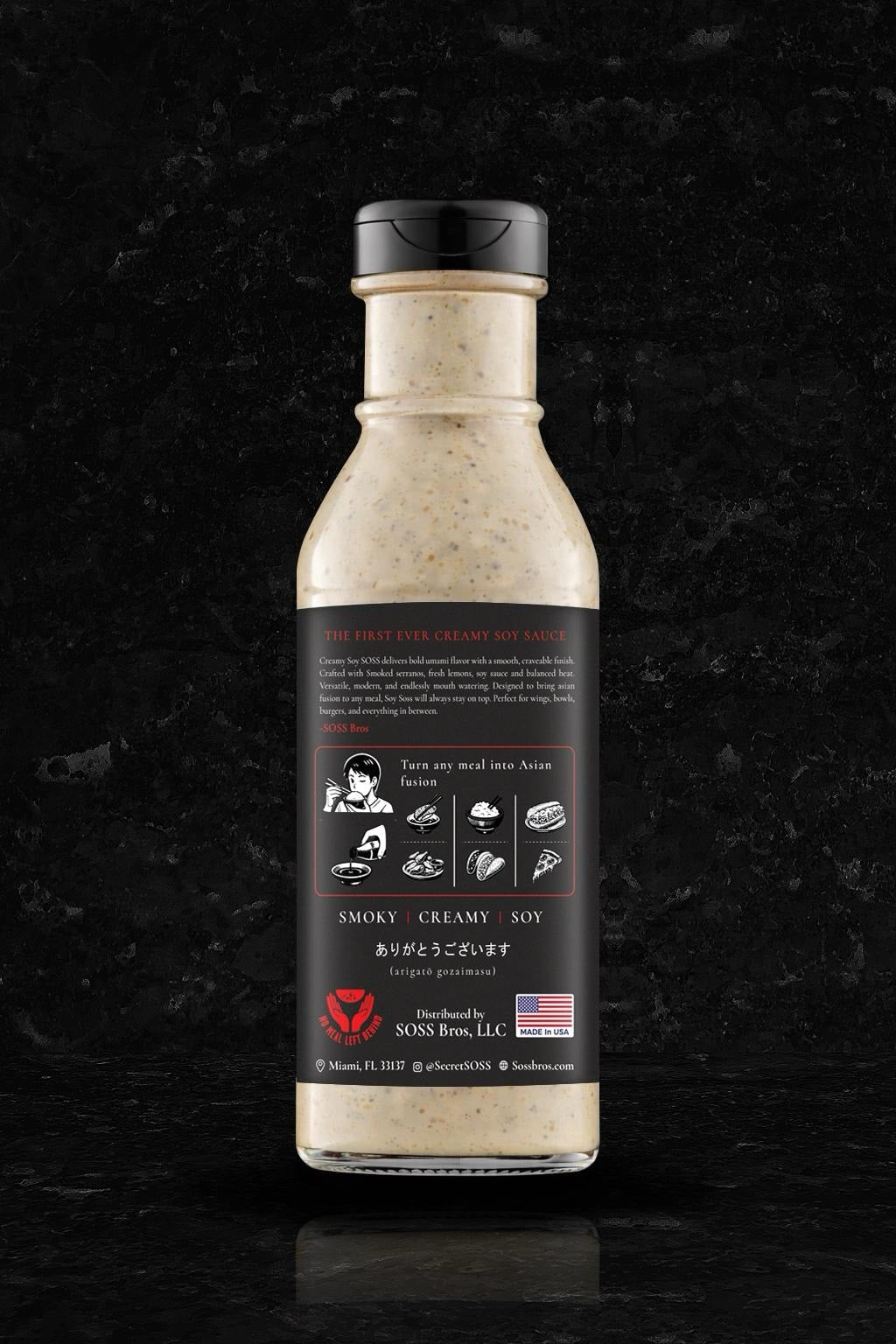 Creamy soy sauce bottle, back label with ingredients and smoky creamy soy icons