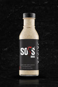 Creamy soy sauce bottle with black label and beige speckled sauce, front branding SO'S BROS