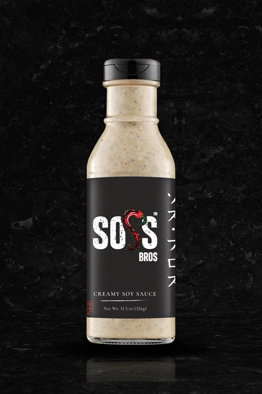 Creamy soy sauce bottle with black label and beige speckled sauce, front branding SO'S BROS