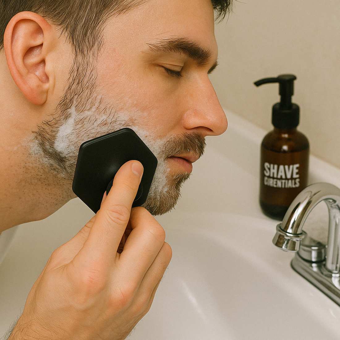 Facial cleansing brush held in hand with flexible black scrubber surface