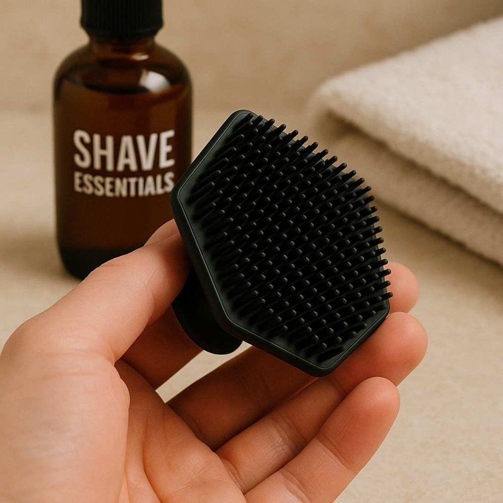 Handheld black scrubber brush with grid bristle head and flexible silicone body