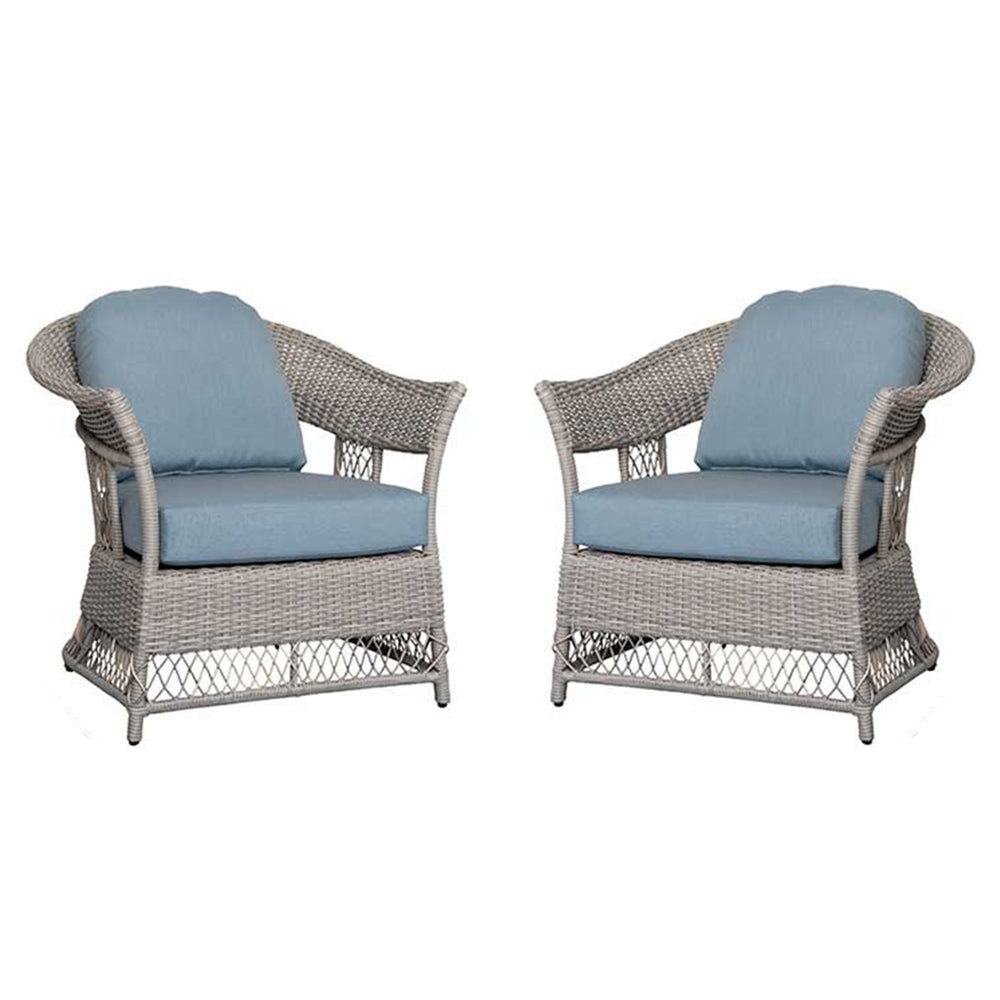 Outdoor rattan lounge chair set with light blue cushions, two stationary chairs