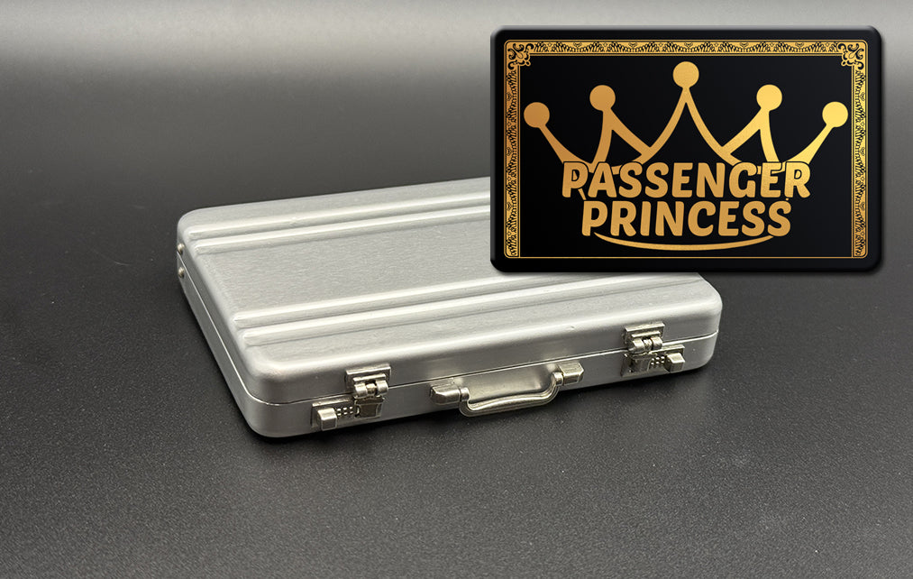 Mini briefcase, silver metal case with Passenger Princess card overlay