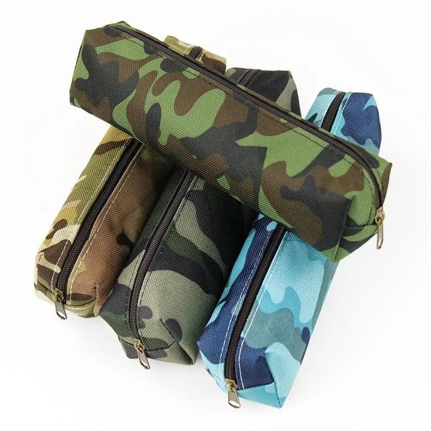 Camouflage pencil case pouch with zip closures in green, tan, and blue