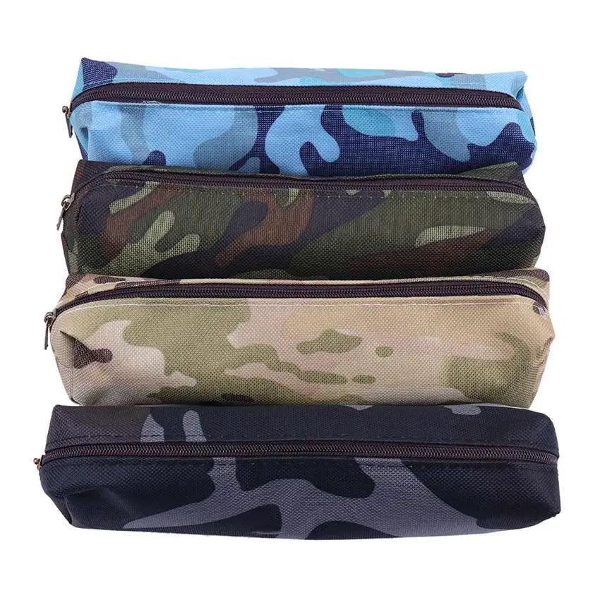 Stack of four zippered camouflage pencil pouches in blue, green, tan, and navy.