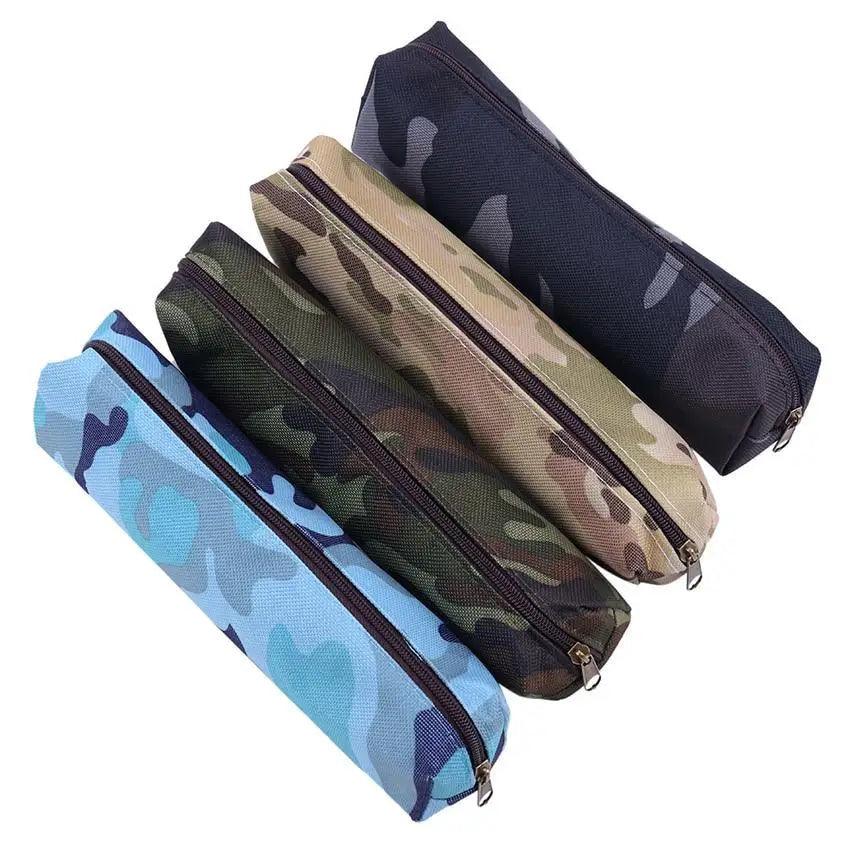 Four zippered camouflage pencil pouches in blue, green, tan, and dark navy.