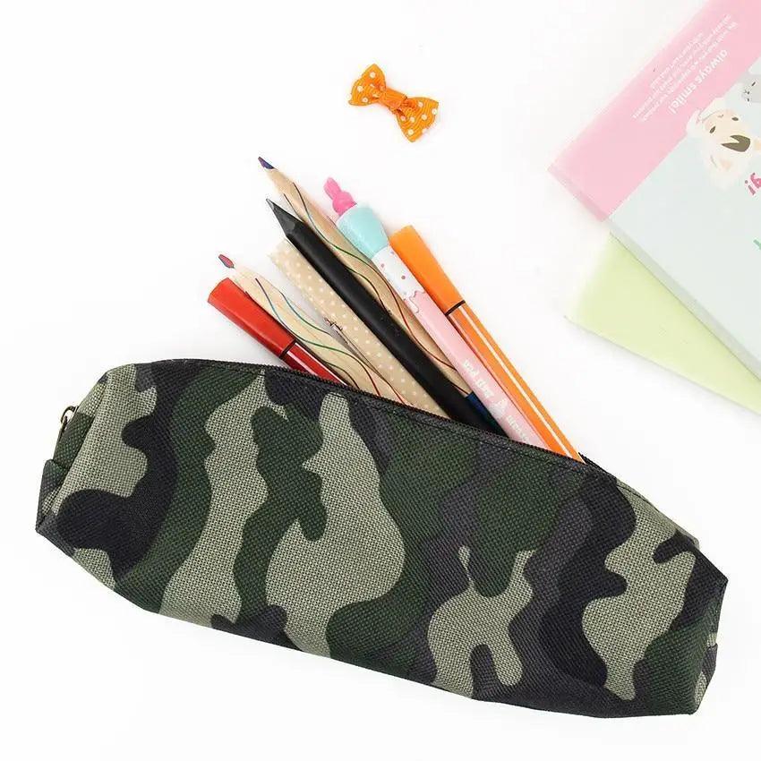 Green camouflage pencil case pouch with zip top, holding pencils