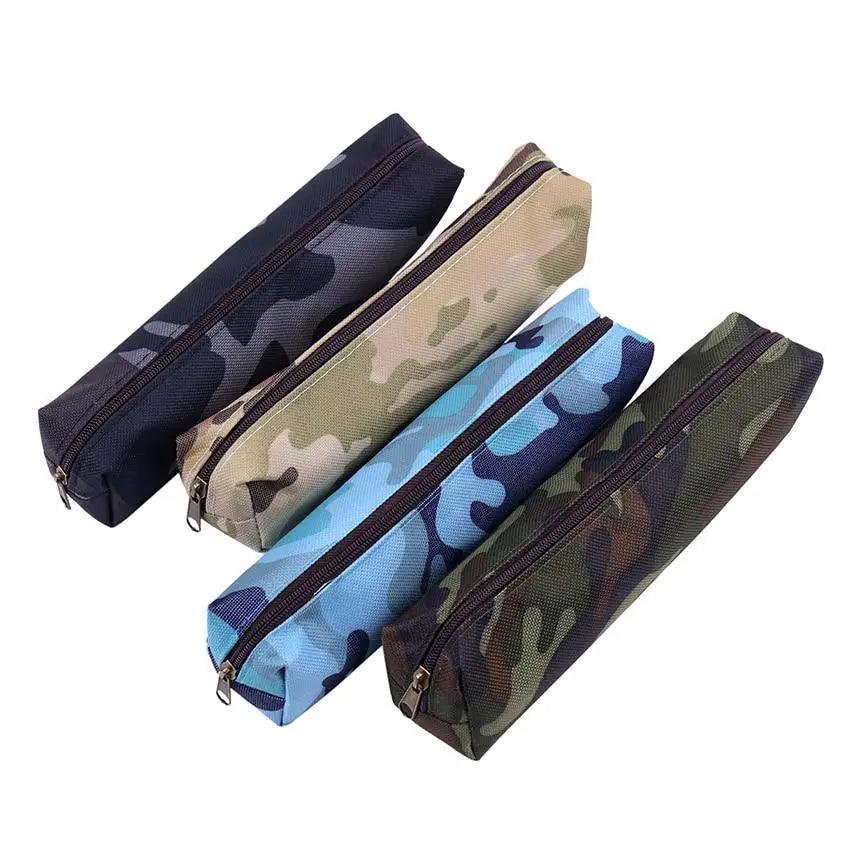 Four zippered camouflage pencil pouches in dark navy, tan, blue, and green.