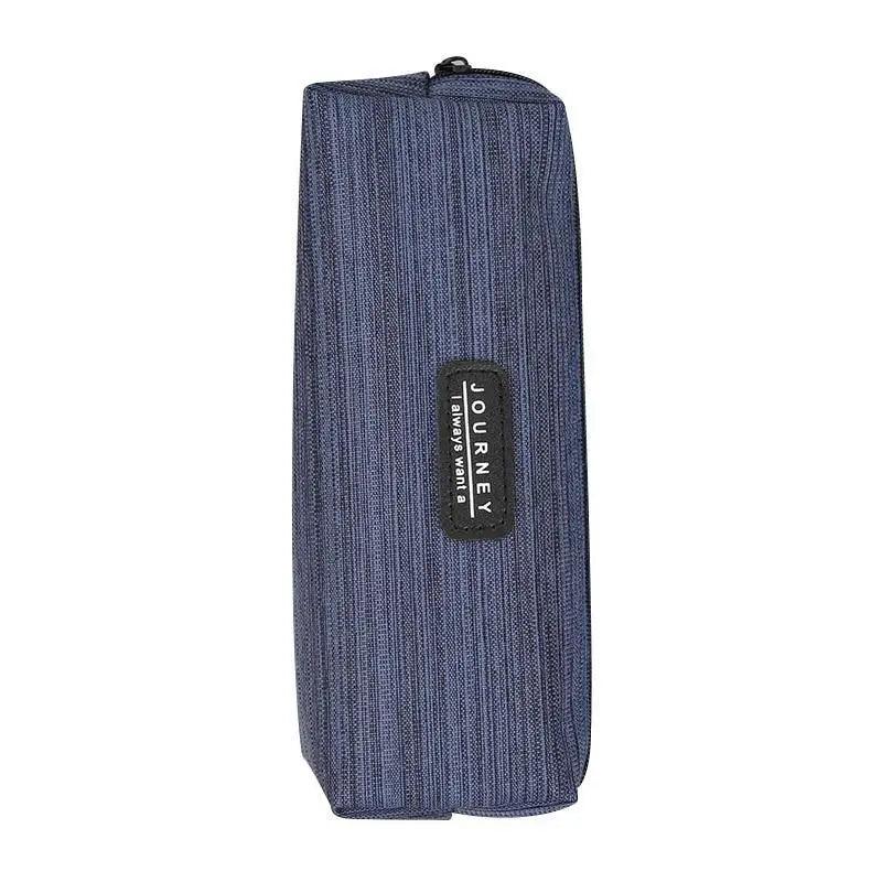 Small square waterproof pencil case in dark navy fabric with zipper and vertical brand tag