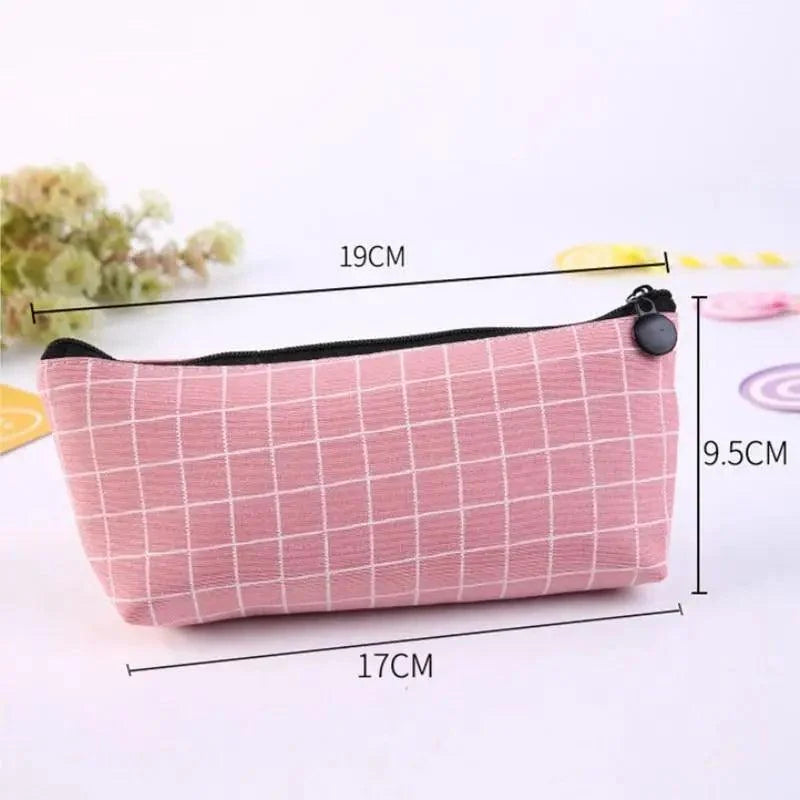 Pink grid striped pencil case pouch with black zipper and round pull