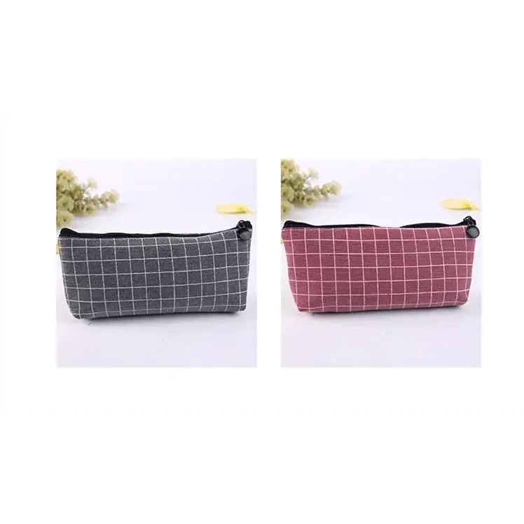 Rectangular zipper pencil case in dark gray grid and maroon grid, front view.