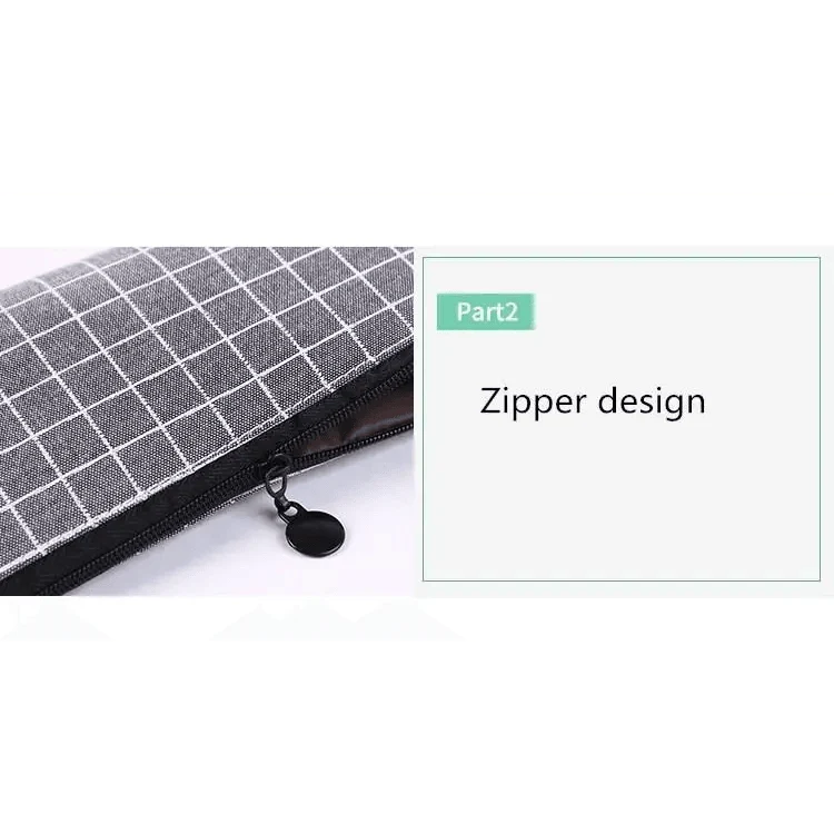 Gray grid pencil case showing zipper track and round pull tab