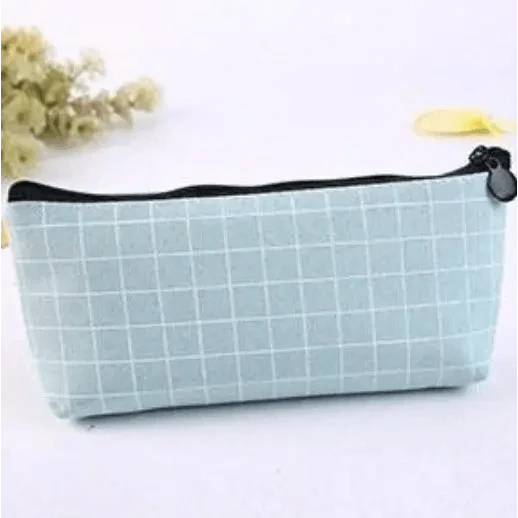 Light blue grid pencil case with black zipper and round black pull tab.