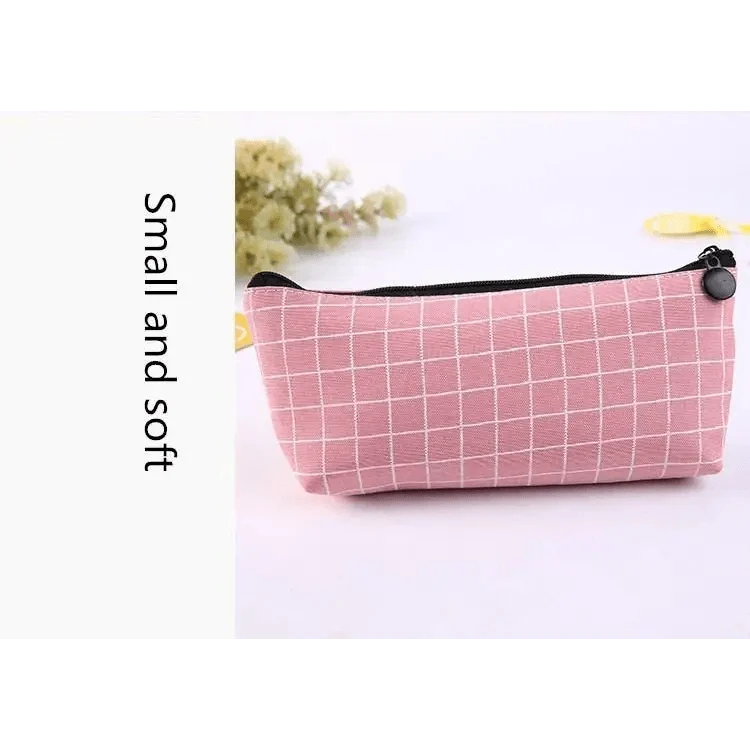 Pink grid pencil case with black zipper and round pull tab