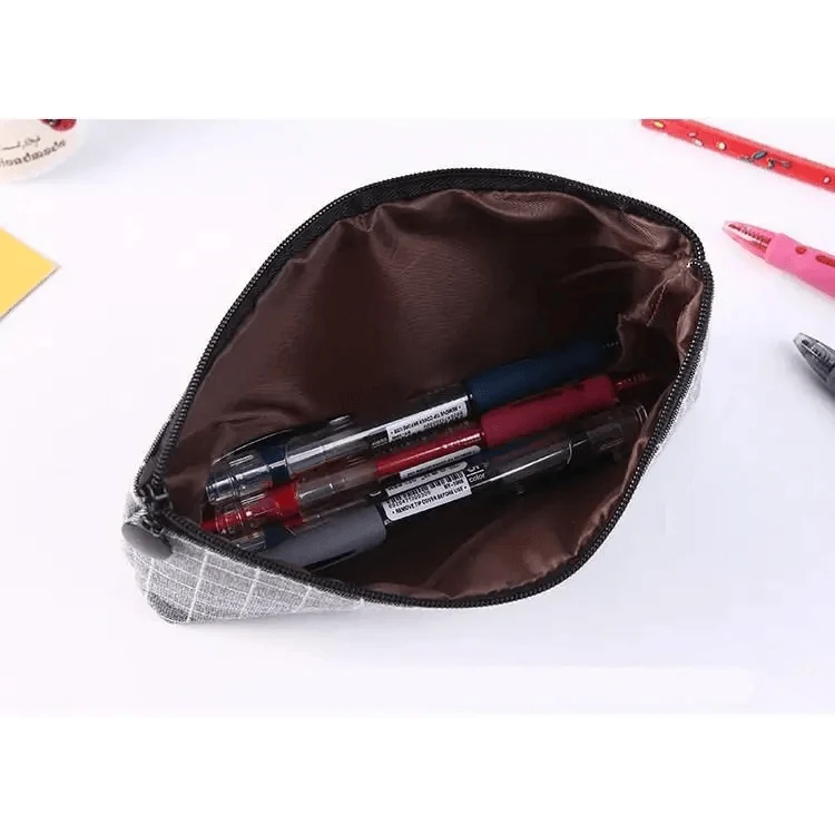 Open zipper pencil case showing brown fabric lining and pens inside.