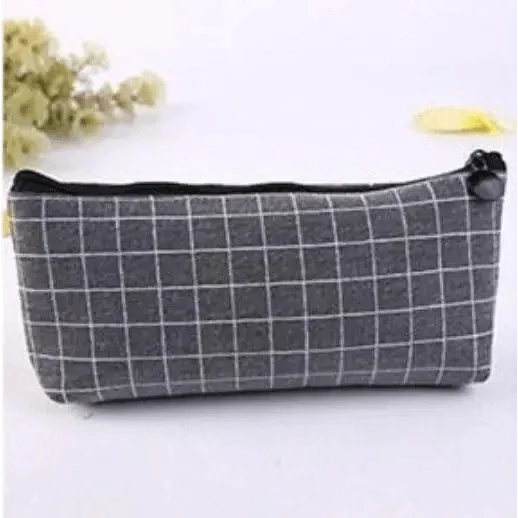 Gray grid pencil case with black zipper and round pull tab
