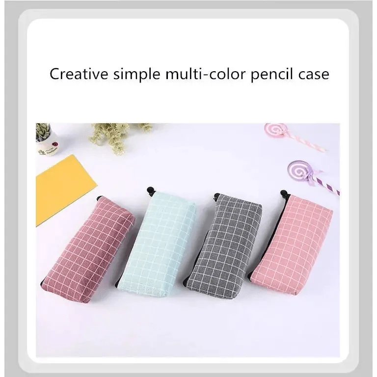 Four grid pencil cases with black zippers: maroon, light blue, gray, and pink.