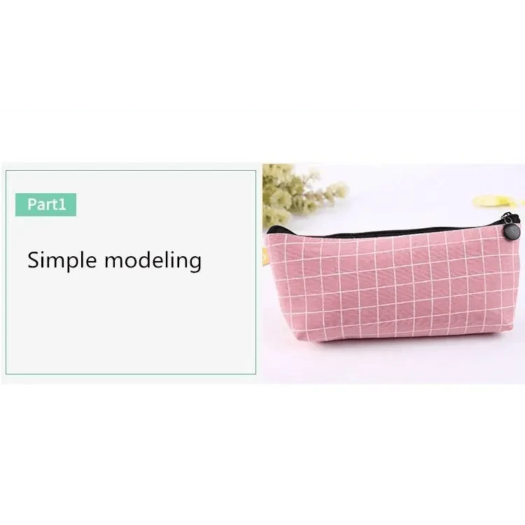 Pink grid pencil case with black zipper and round pull tab