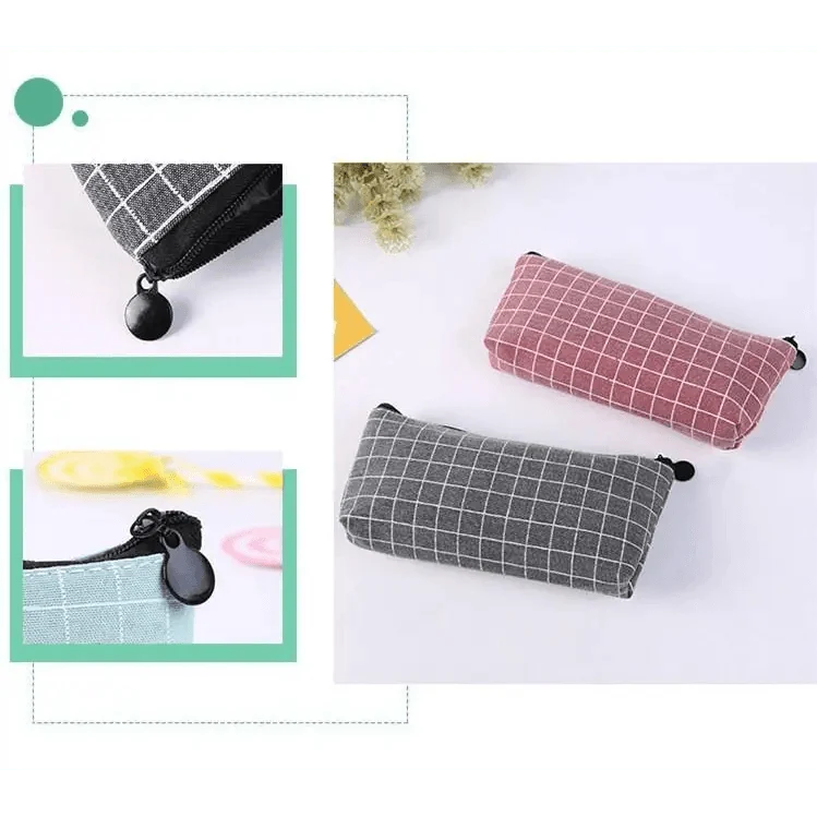 Gray and pink grid pencil cases with round zipper pull tabs
