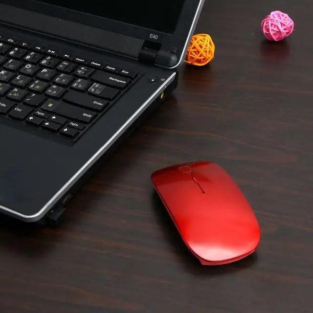 Red wireless optical mouse with slim profile