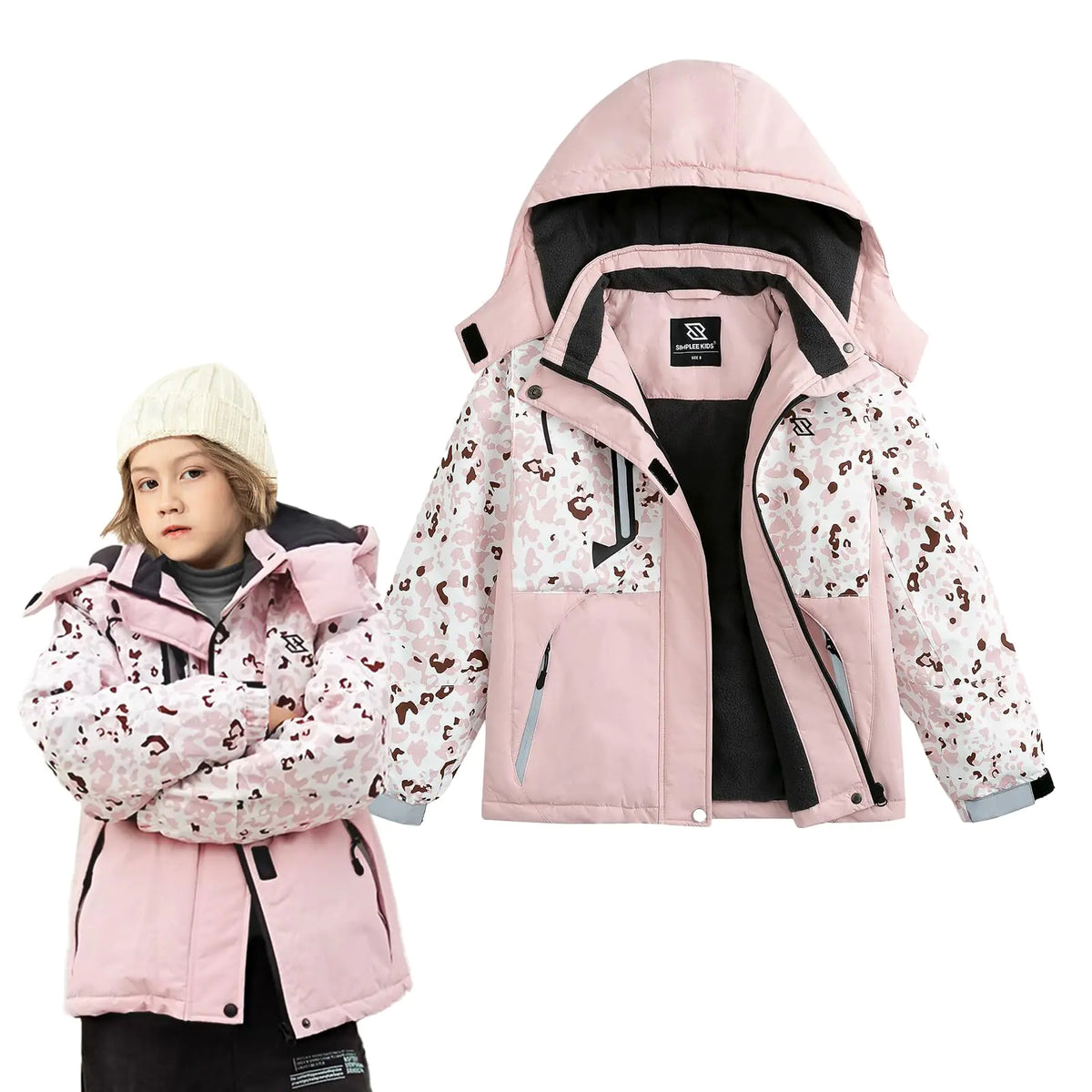 Kids waterproof snow jacket in light pink with patterned hood and full zip front