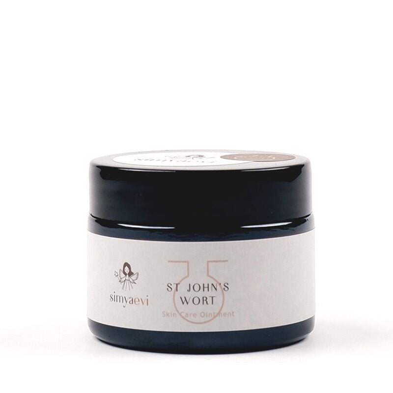 Simya Evi body cream jar with black cap, white label, St. John's Wort, 50 ml