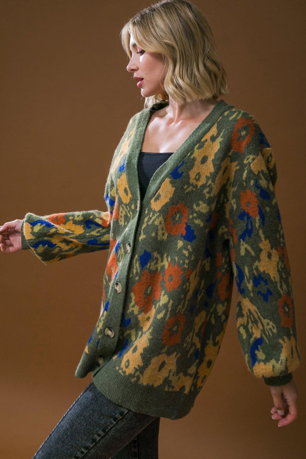 Olive abstract-pattern cardigan sweater with ribbed cuffs and draped long sleeves