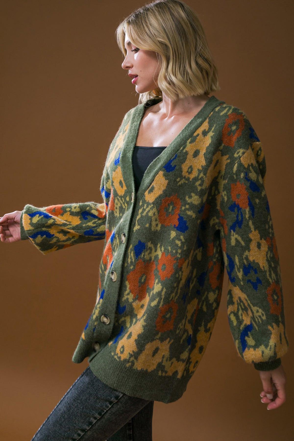 Olive abstract-pattern cardigan sweater with ribbed cuffs and draped long sleeves