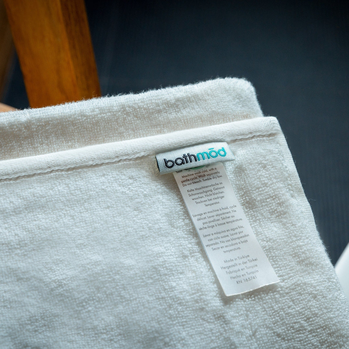 White terry bath towel with bathmood tag