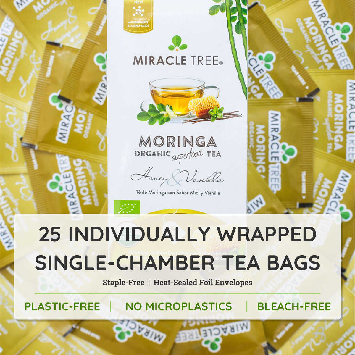 Moringa honey & vanilla herbal tea box showing 25 individually wrapped tea bags.