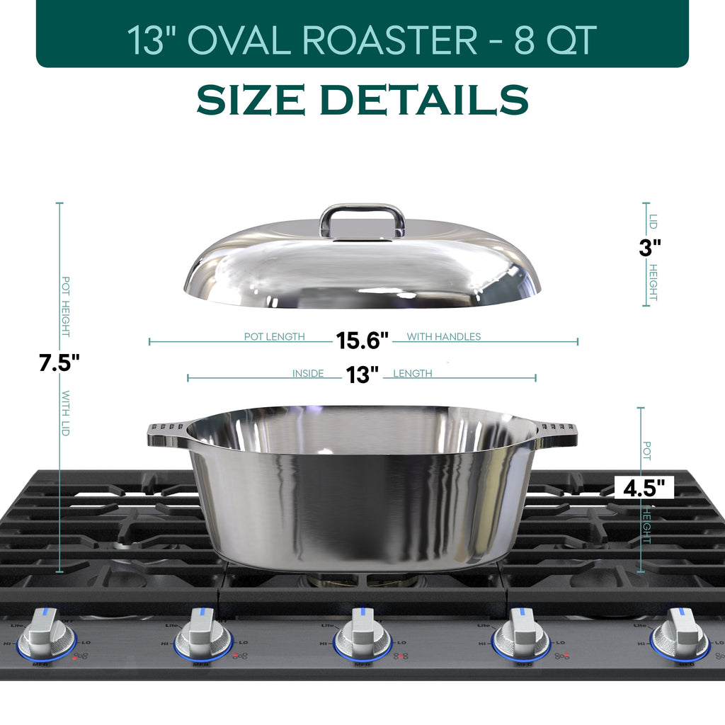 Stainless oval Dutch oven with lid, pot and side handles