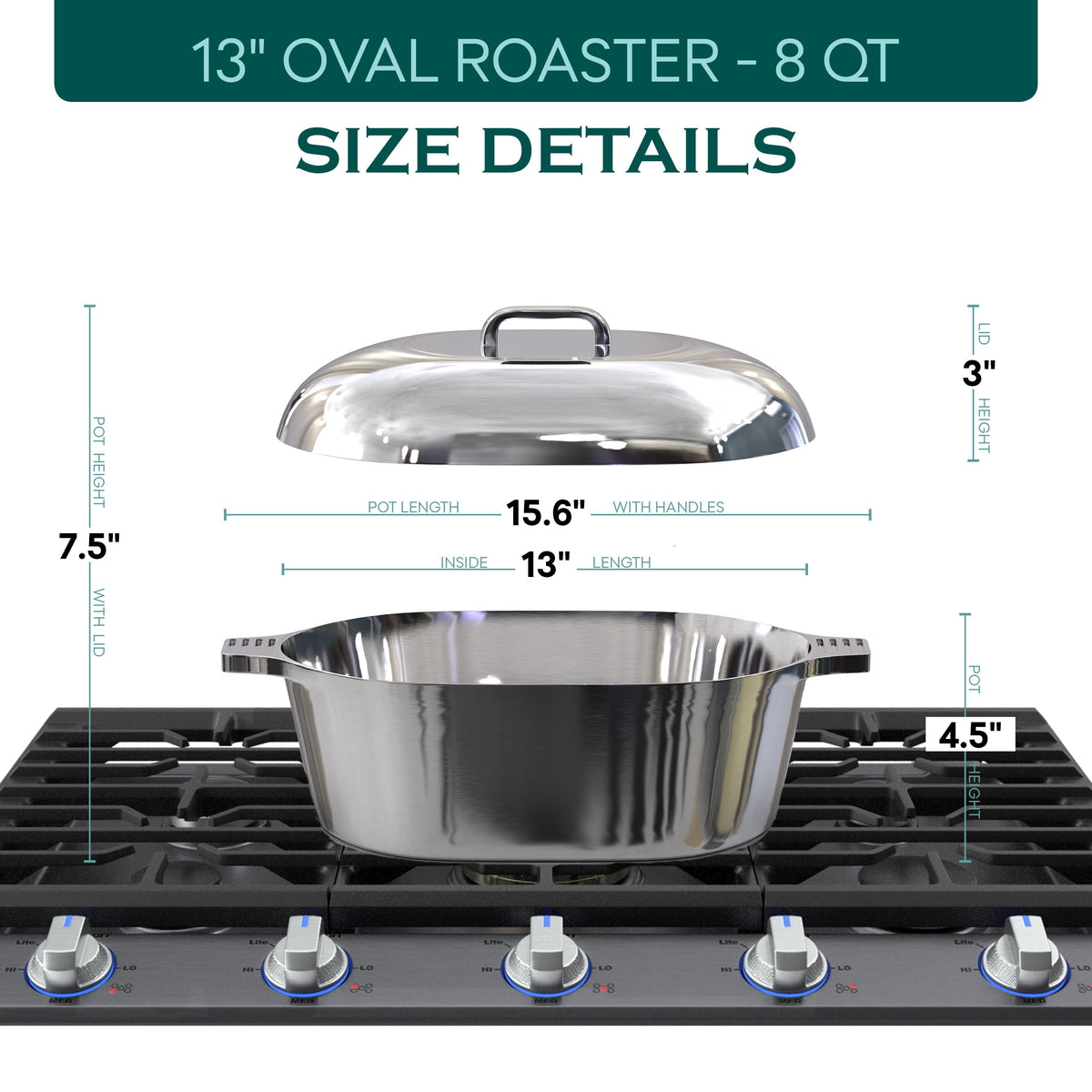 Stainless oval Dutch oven with lid, pot and side handles