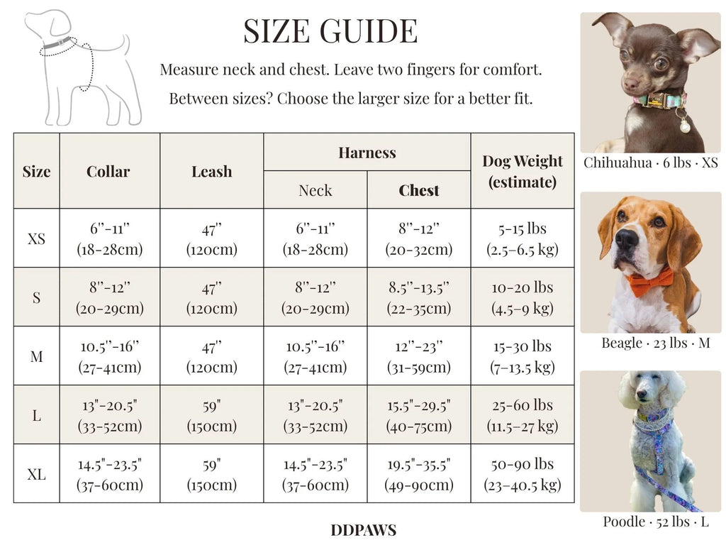 Size guide chart for plaid dog collar, leash, and harness with weight and measurements