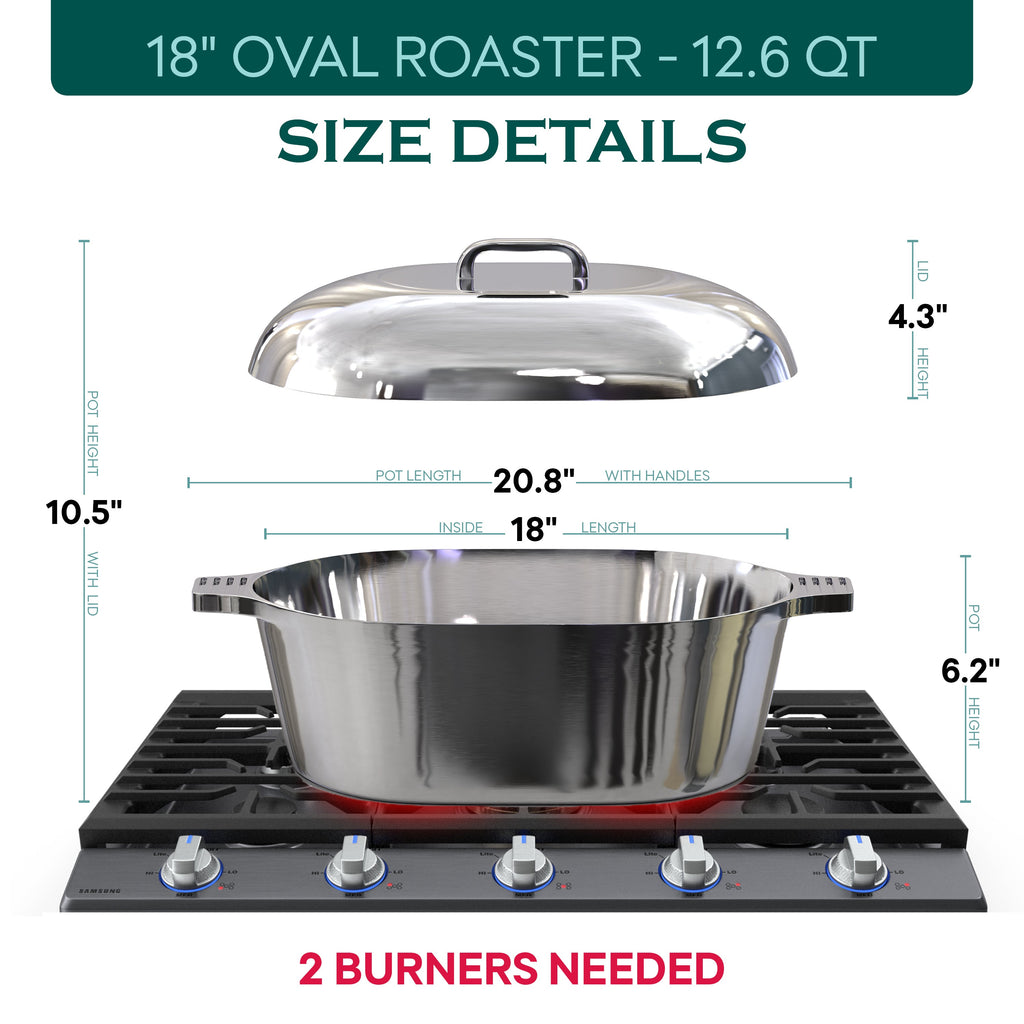 Oval stainless steel dutch oven with lid, dimensions diagram